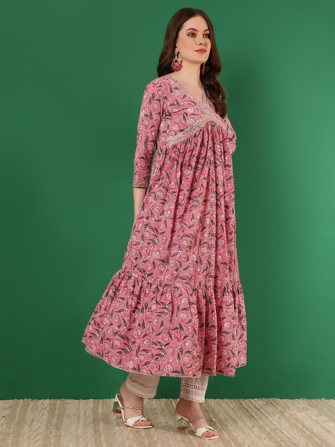 Cotton Printed Embroidered Ankle Length 3/4 Sleeve V-Neck Alia Cut Tiered Kurta