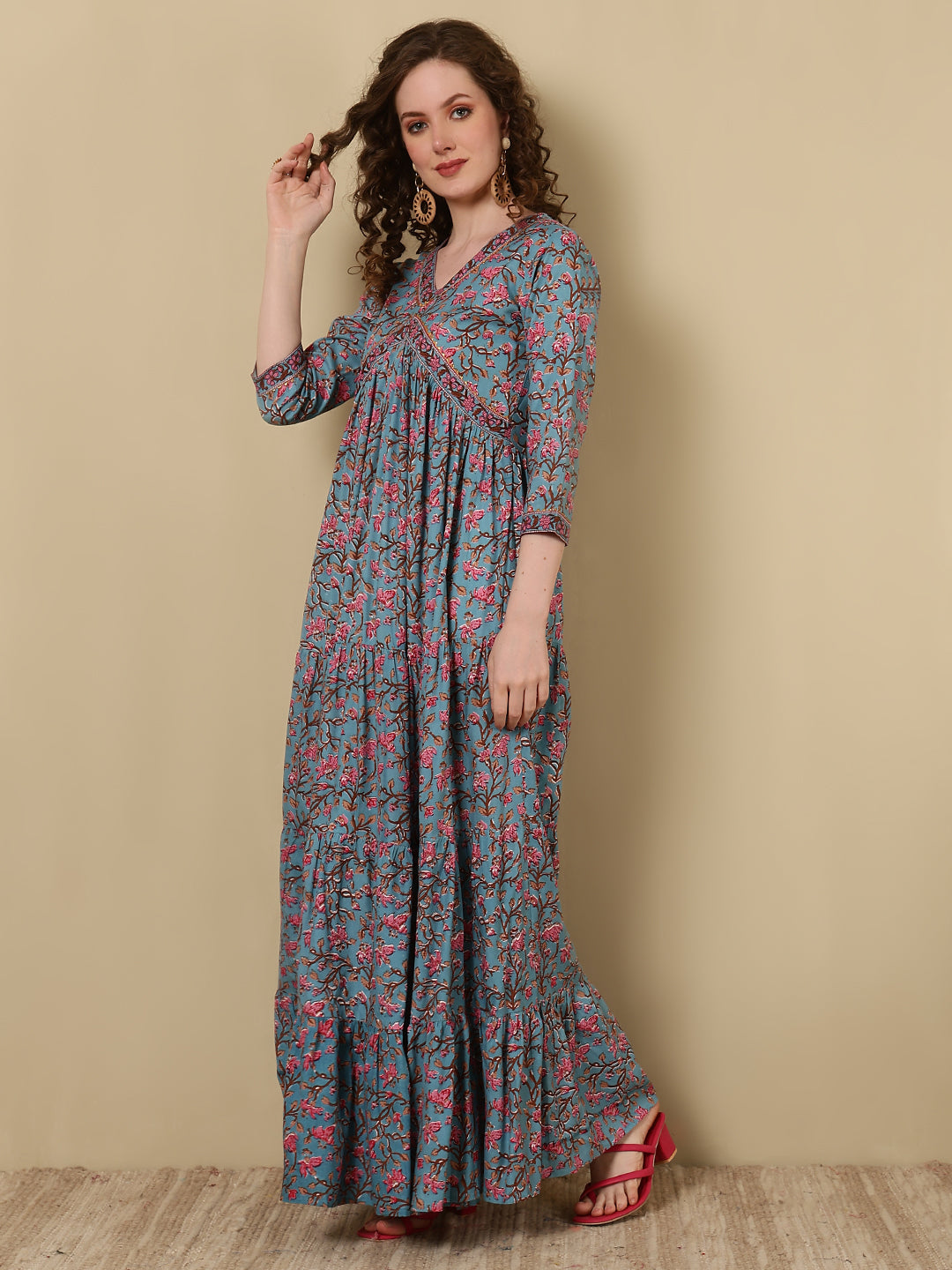 Rayon Printed Ankle Length 3/4 Sleeve V-Neck Alia Cut Tiered Kurta