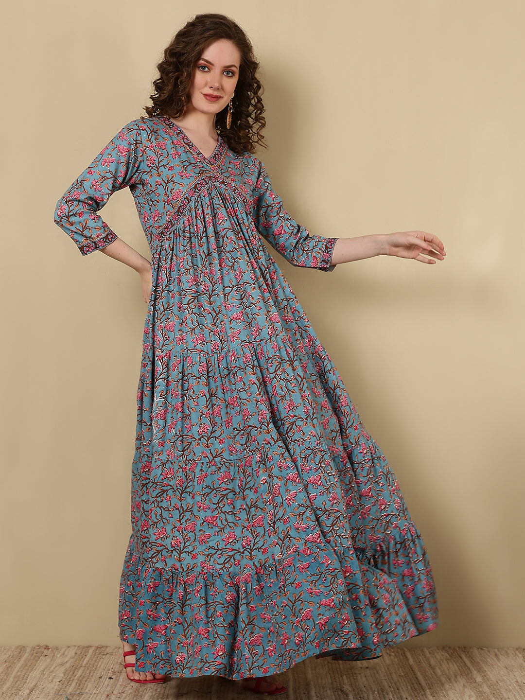 Rayon Printed Ankle Length 3/4 Sleeve V-Neck Alia Cut Tiered Kurta