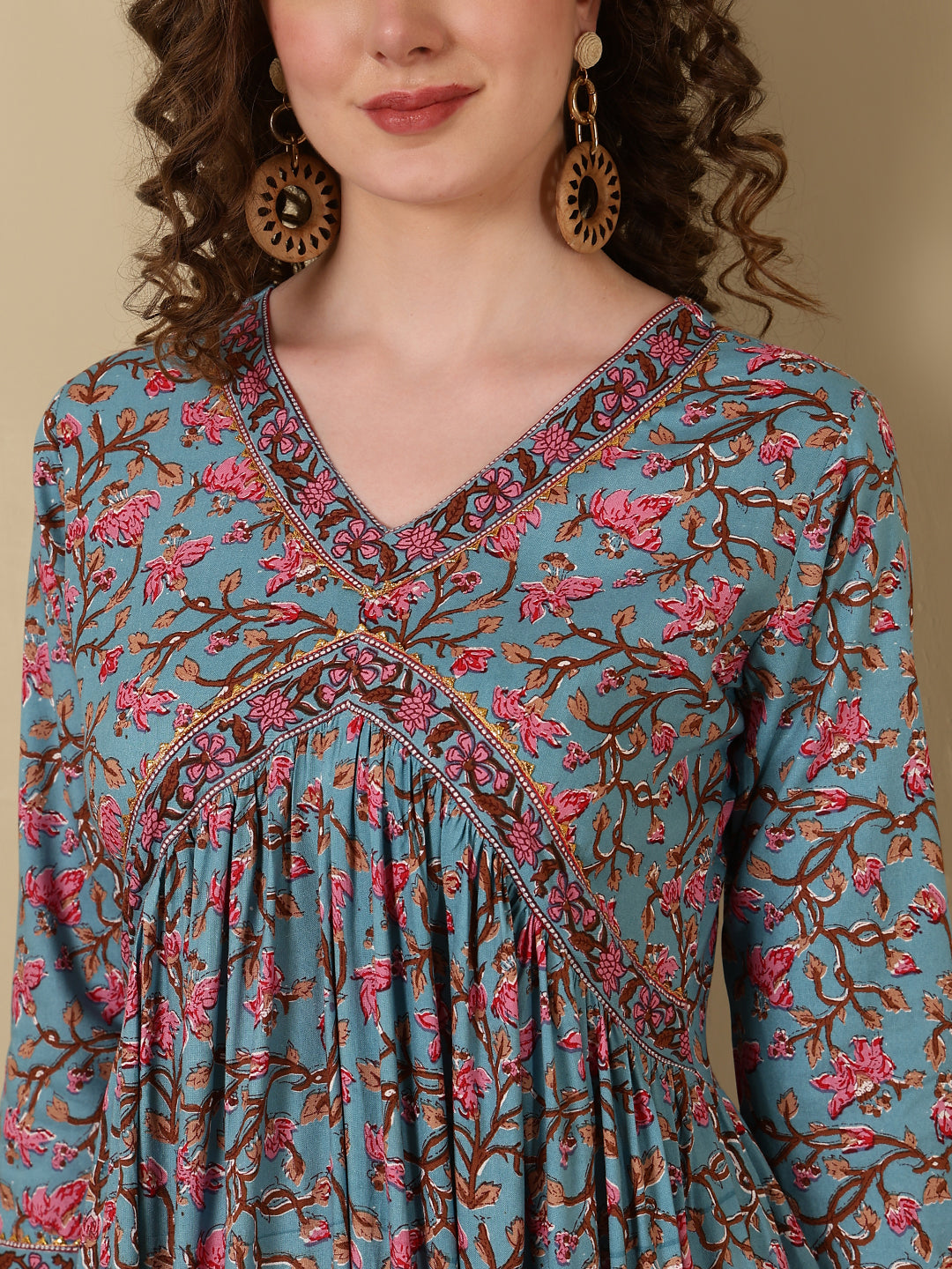Rayon Printed Ankle Length 3/4 Sleeve V-Neck Alia Cut Tiered Kurta