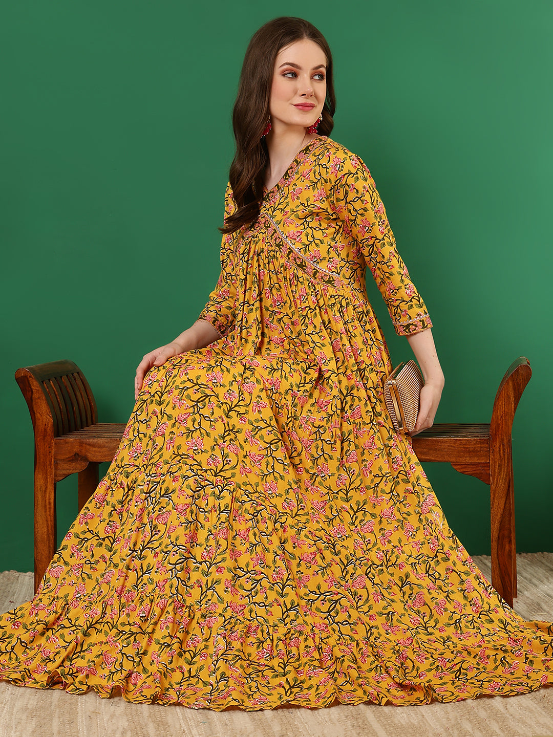 Rayon Printed Ankle Length 3/4 Sleeve V-Neck Alia Cut Tiered Kurta
