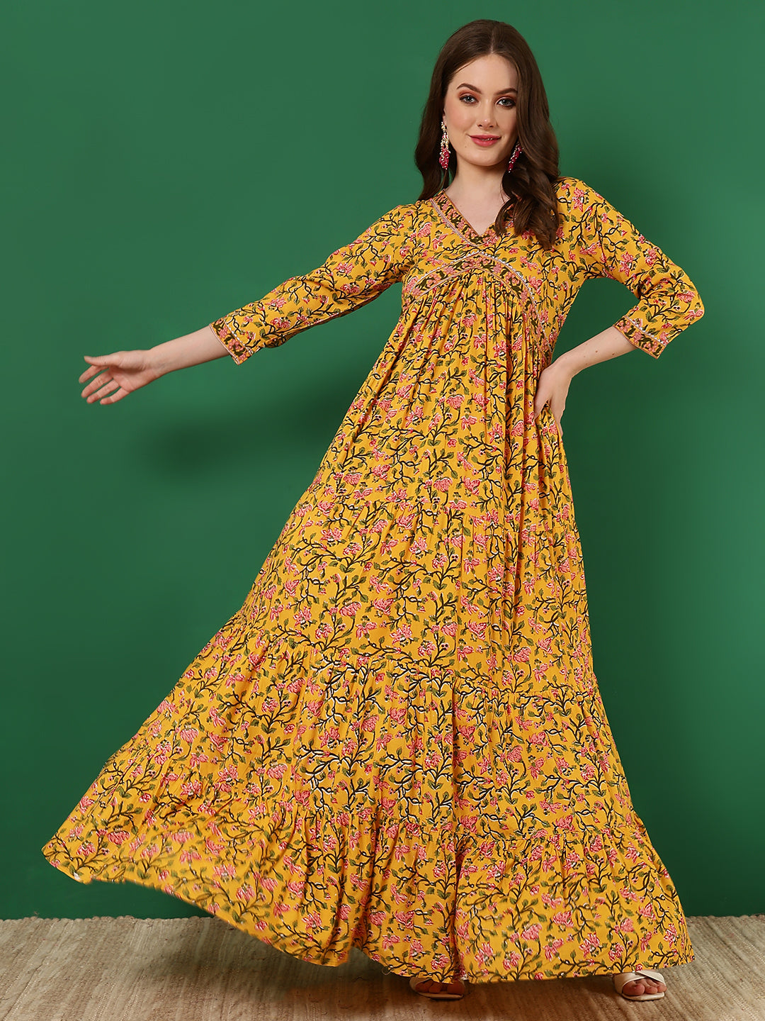 Rayon Printed Ankle Length 3/4 Sleeve V-Neck Alia Cut Tiered Kurta