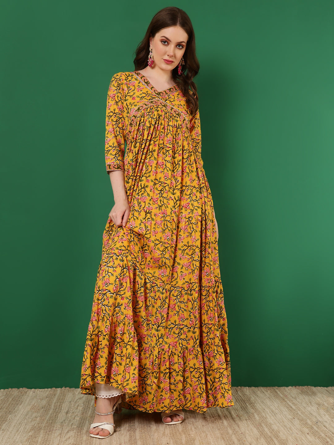 Rayon Printed Ankle Length 3/4 Sleeve V-Neck Alia Cut Tiered Kurta