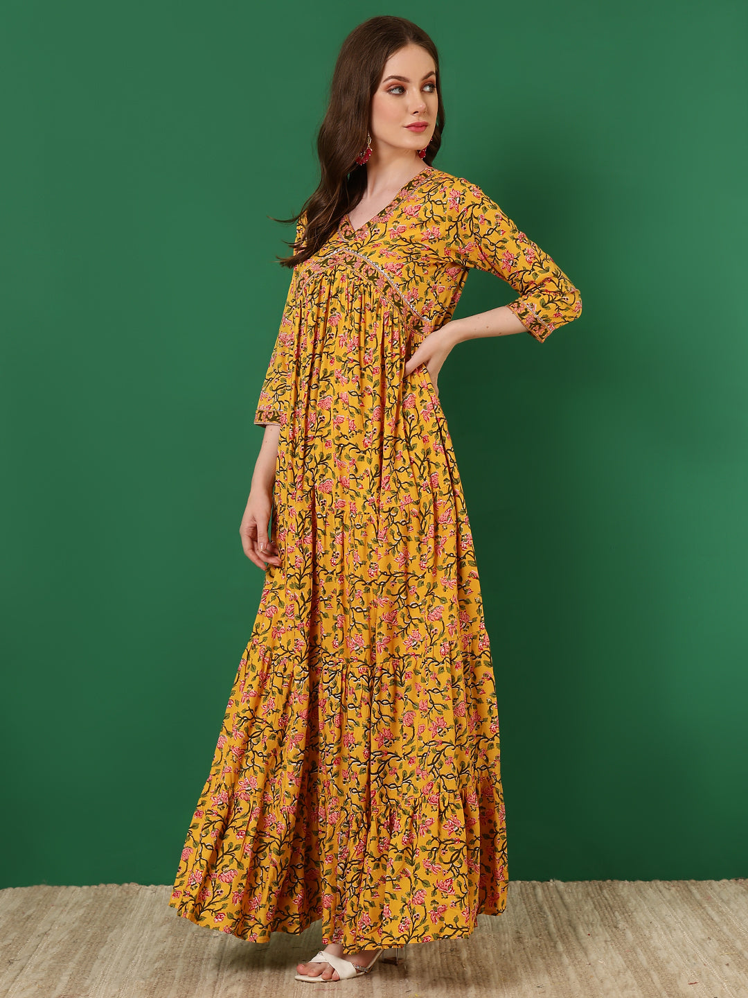 Rayon Printed Ankle Length 3/4 Sleeve V-Neck Alia Cut Tiered Kurta