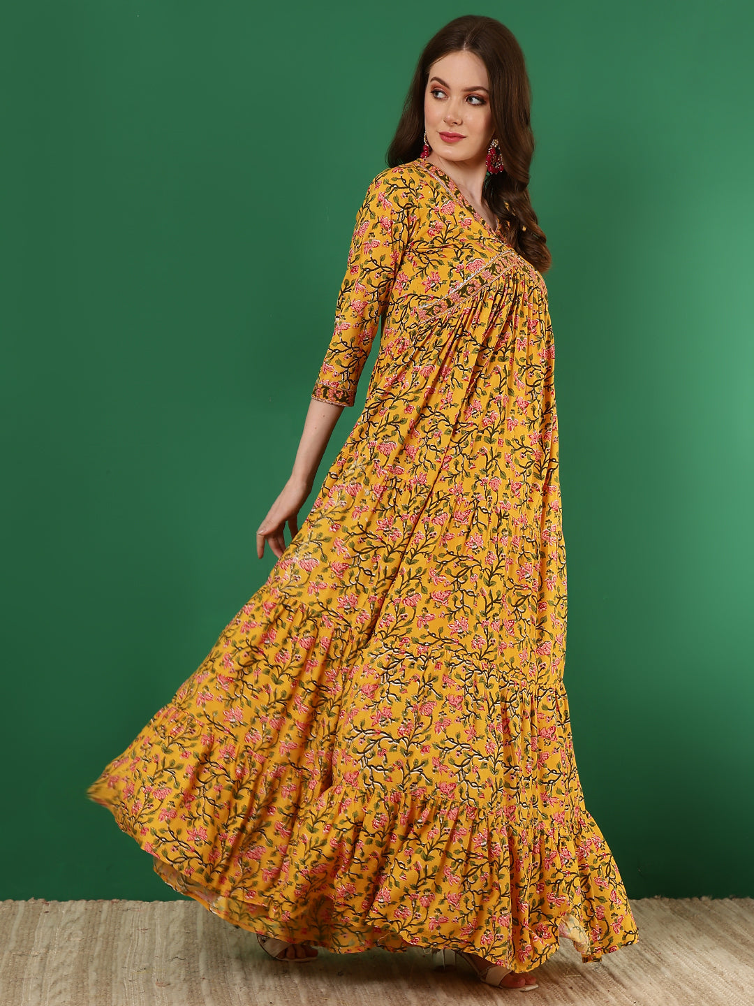 Rayon Printed Ankle Length 3/4 Sleeve V-Neck Alia Cut Tiered Kurta