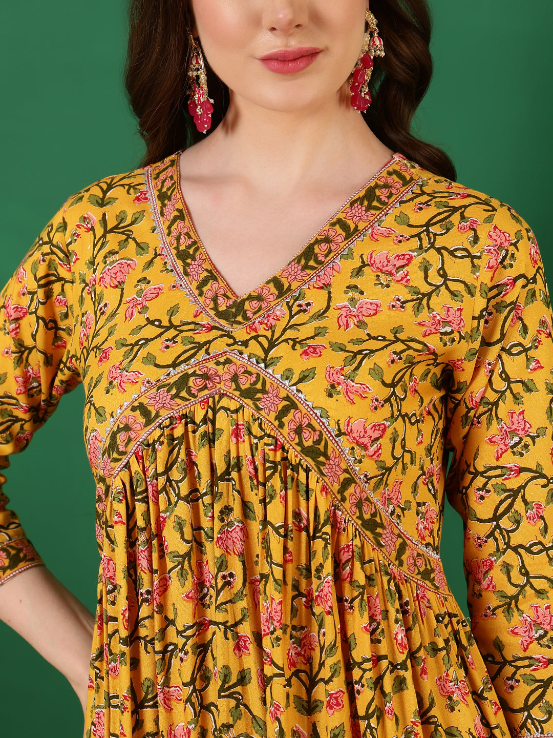 Rayon Printed Ankle Length 3/4 Sleeve V-Neck Alia Cut Tiered Kurta