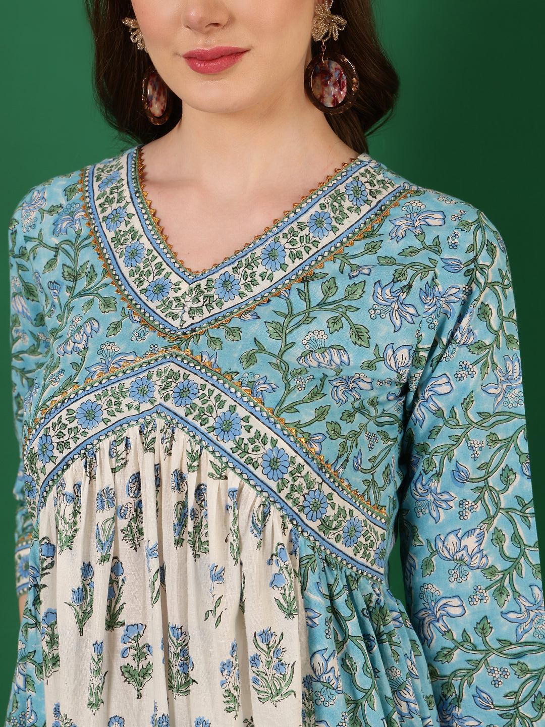 Cotton Printed Ankle Length 3/4 Sleeve V-Neck Alia Cut Tiered Kurta