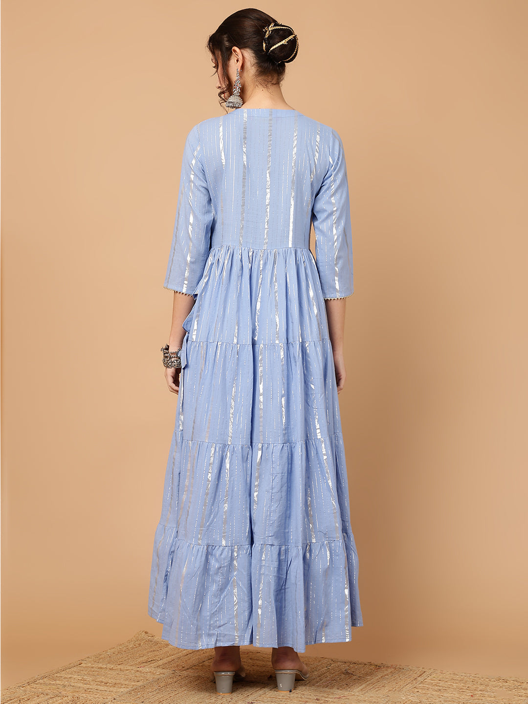 Cotton Lurex Embroidered Ankle Length 3/4 Sleeve Round Neck Tiered Kurta