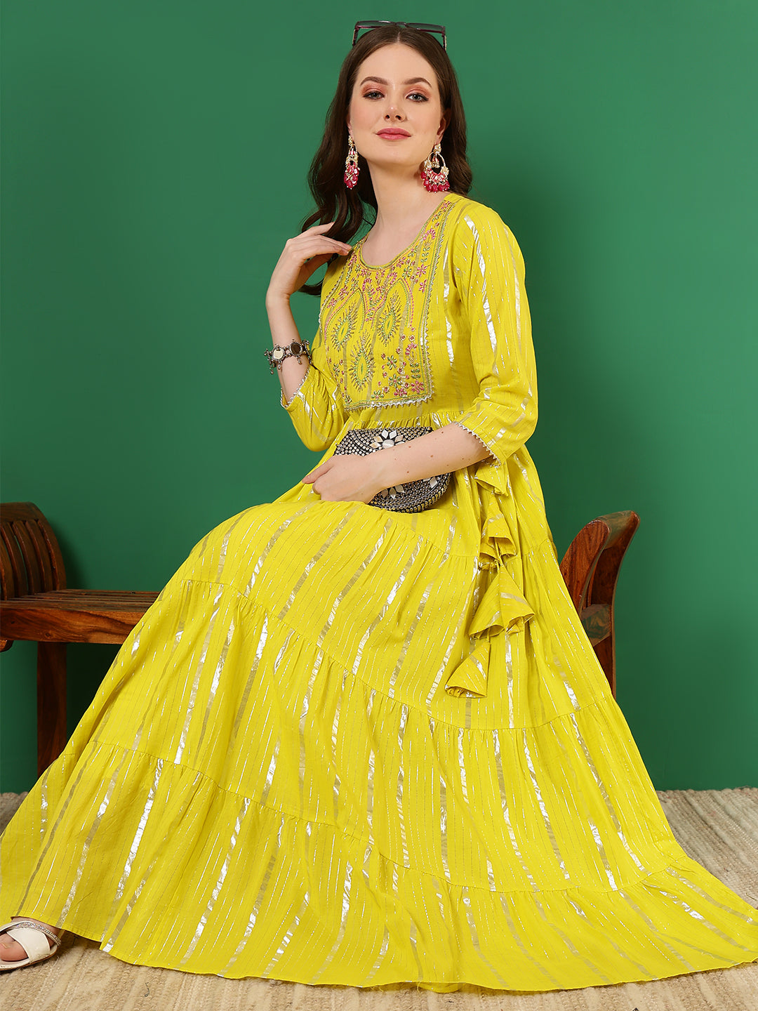 Cotton Lurex Embroidered Ankle Length 3/4 Sleeve Round Neck Tiered Kurta