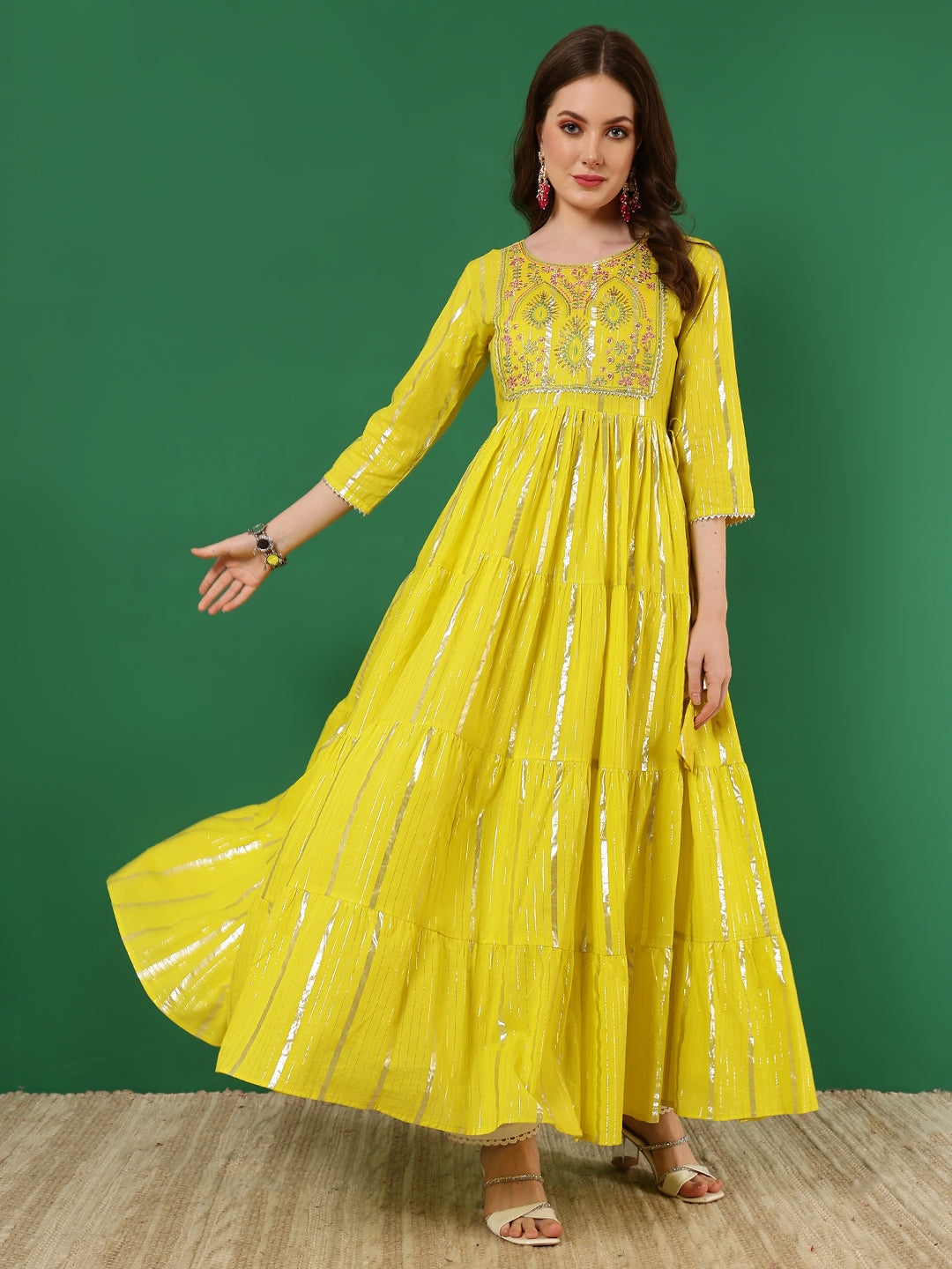 Cotton Lurex Embroidered Ankle Length 3/4 Sleeve Round Neck Tiered Kurta