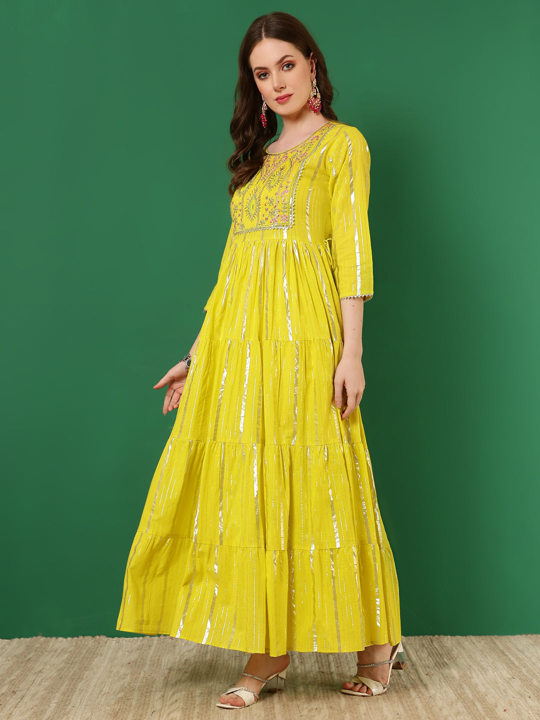 Cotton Lurex Embroidered Ankle Length 3/4 Sleeve Round Neck Tiered Kurta