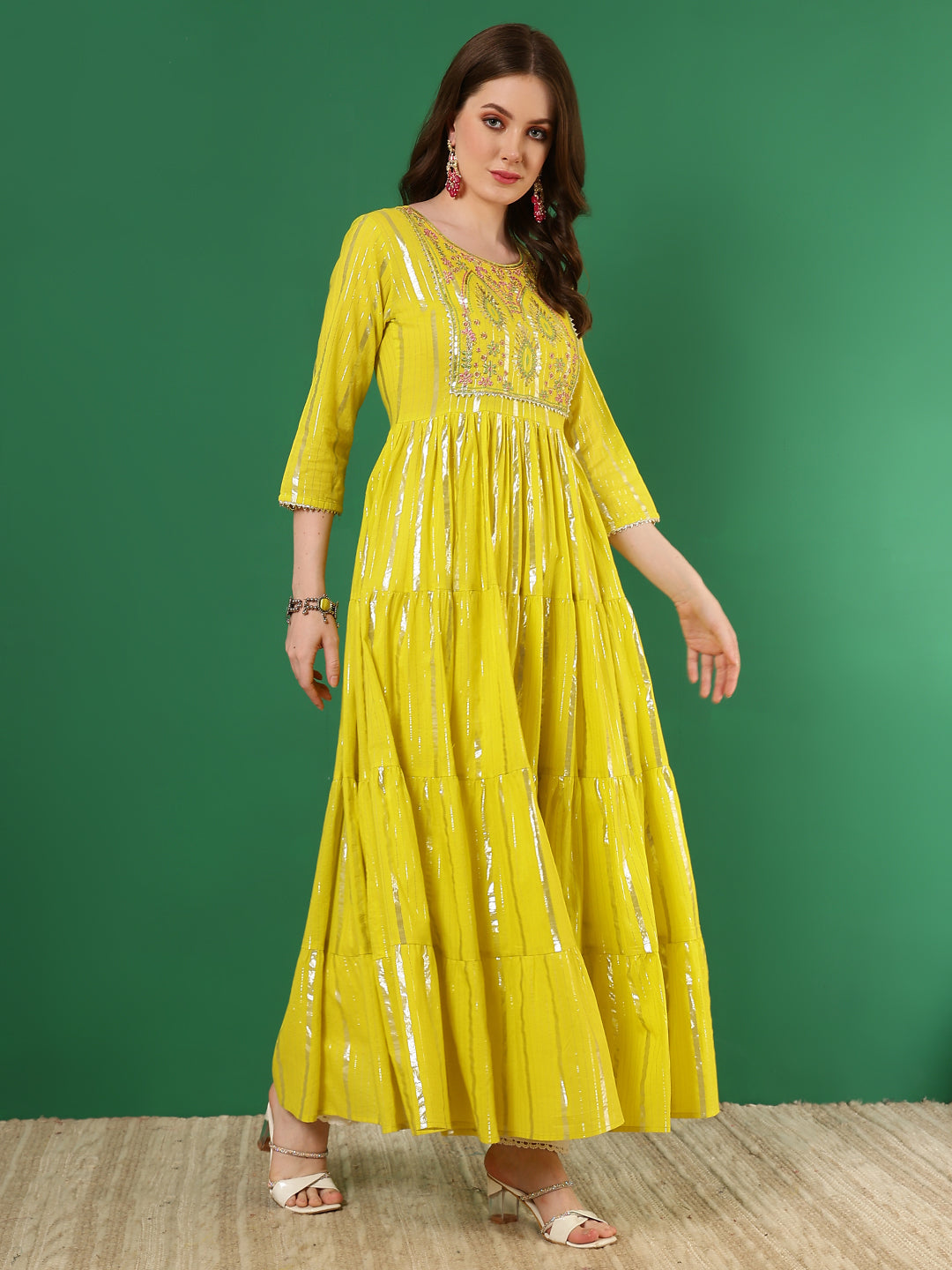 Cotton Lurex Embroidered Ankle Length 3/4 Sleeve Round Neck Tiered Kurta