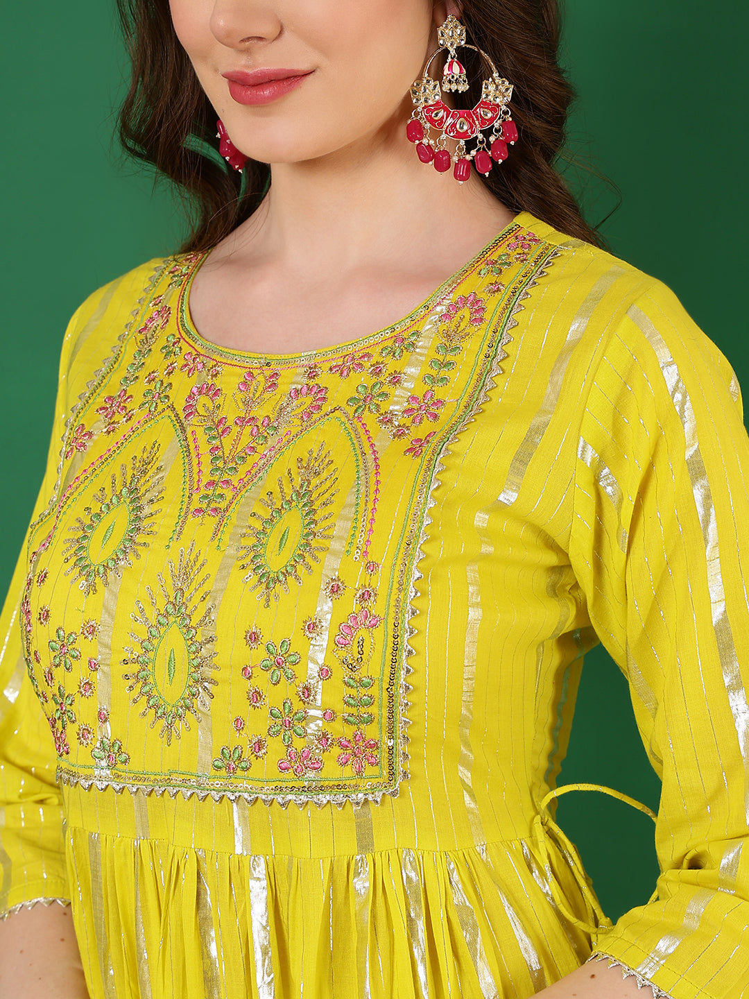 Cotton Lurex Embroidered Ankle Length 3/4 Sleeve Round Neck Tiered Kurta