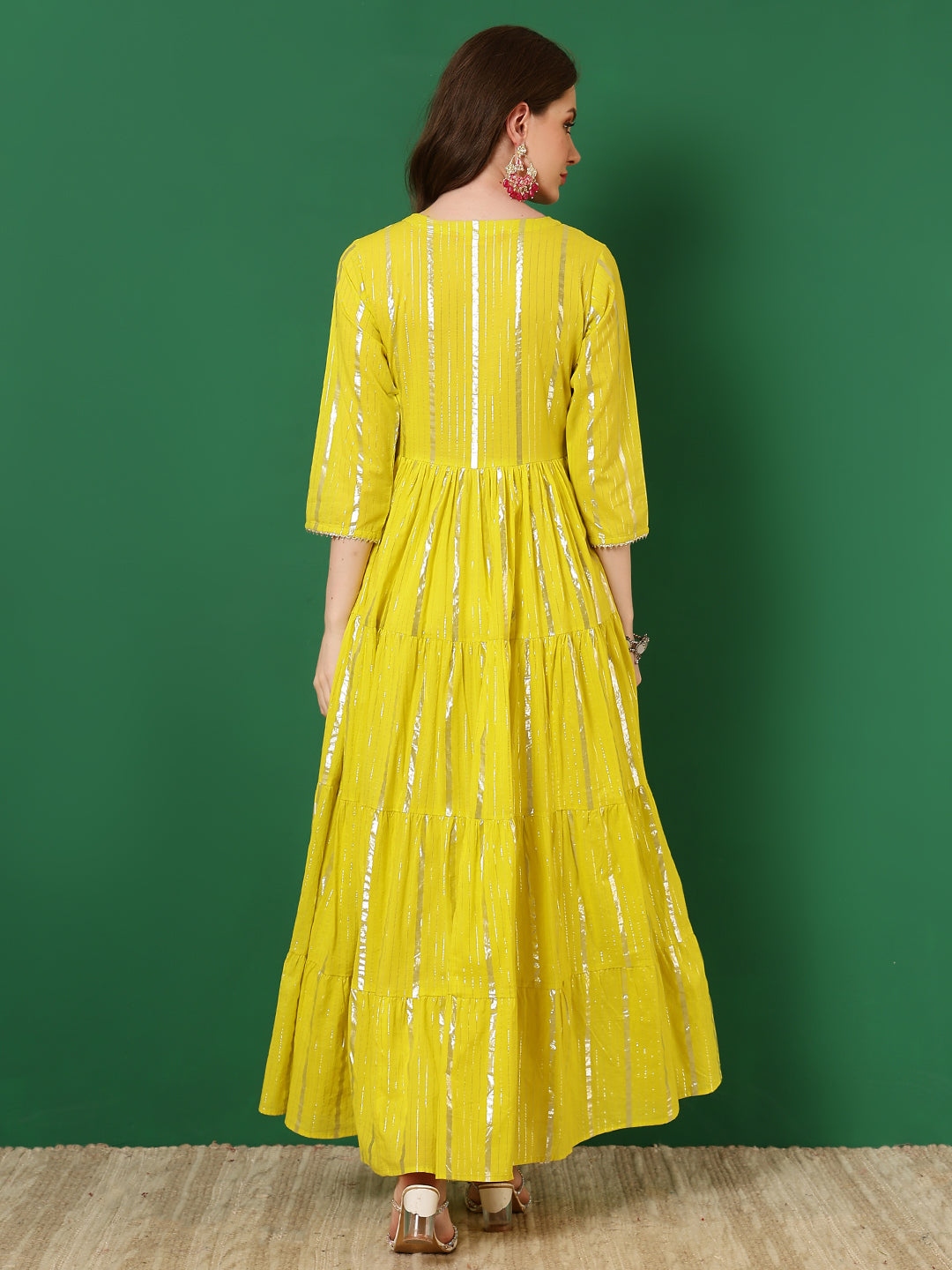 Cotton Lurex Embroidered Ankle Length 3/4 Sleeve Round Neck Tiered Kurta