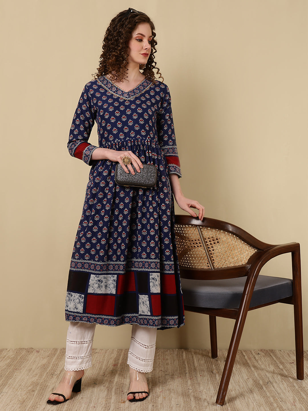 Rayon Printed Ankle Length 3/4 Sleeve V-Neck Nayra Cut Flared Kurta