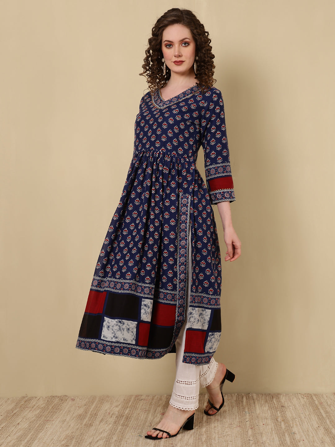 Rayon Printed Ankle Length 3/4 Sleeve V-Neck Nayra Cut Flared Kurta