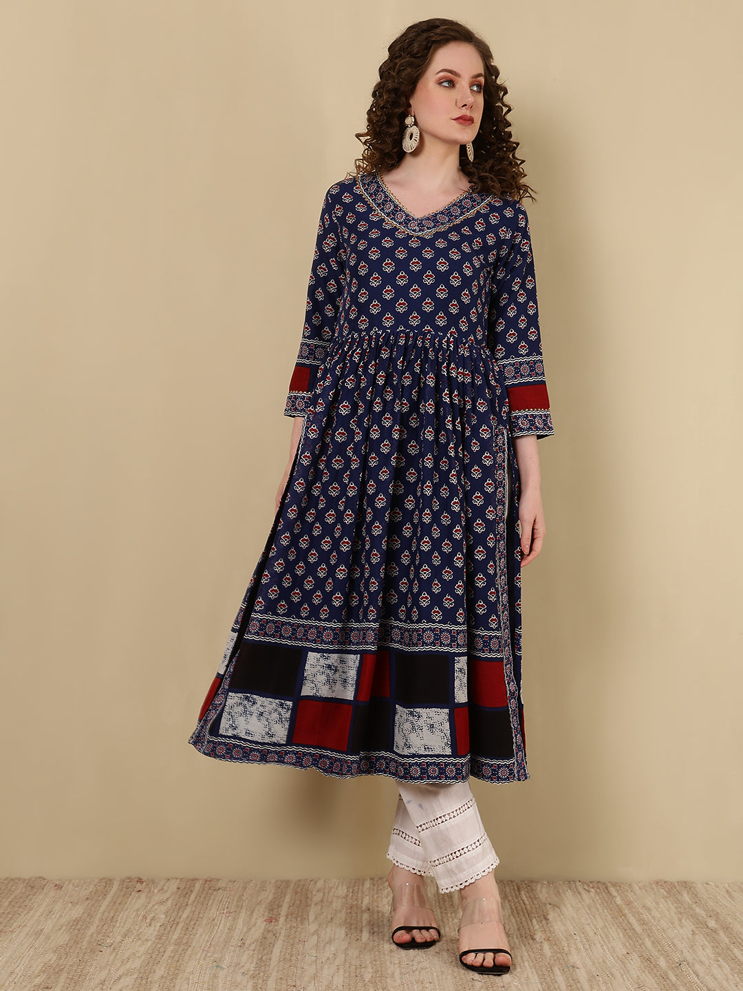 Rayon Printed Ankle Length 3/4 Sleeve V-Neck Nayra Cut Flared Kurta