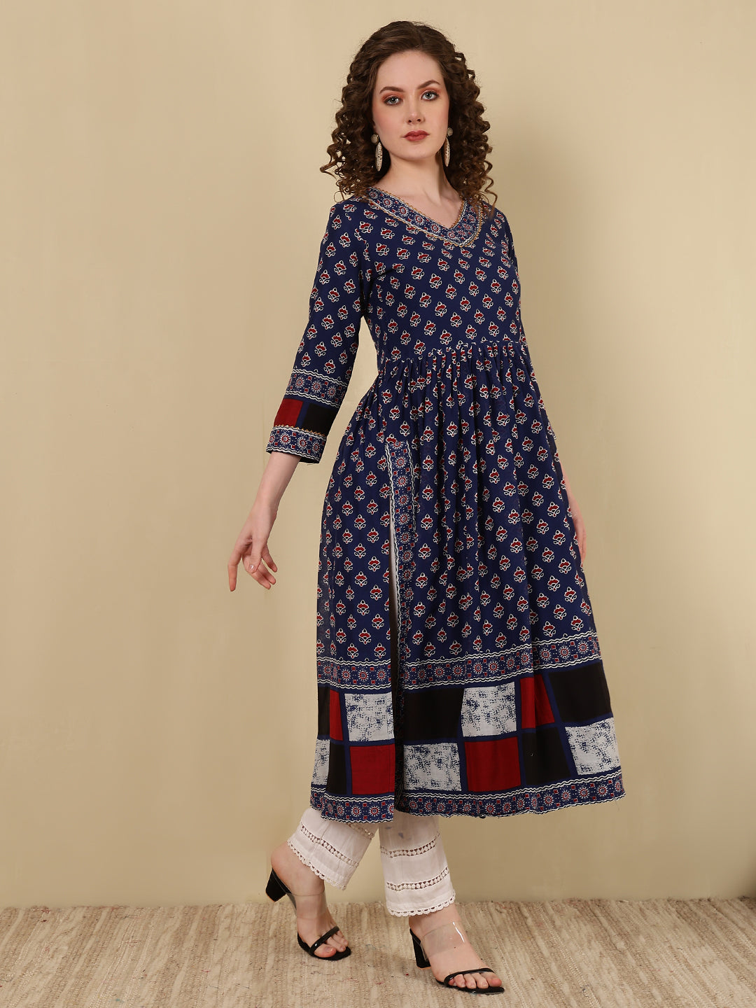 Rayon Printed Ankle Length 3/4 Sleeve V-Neck Nayra Cut Flared Kurta