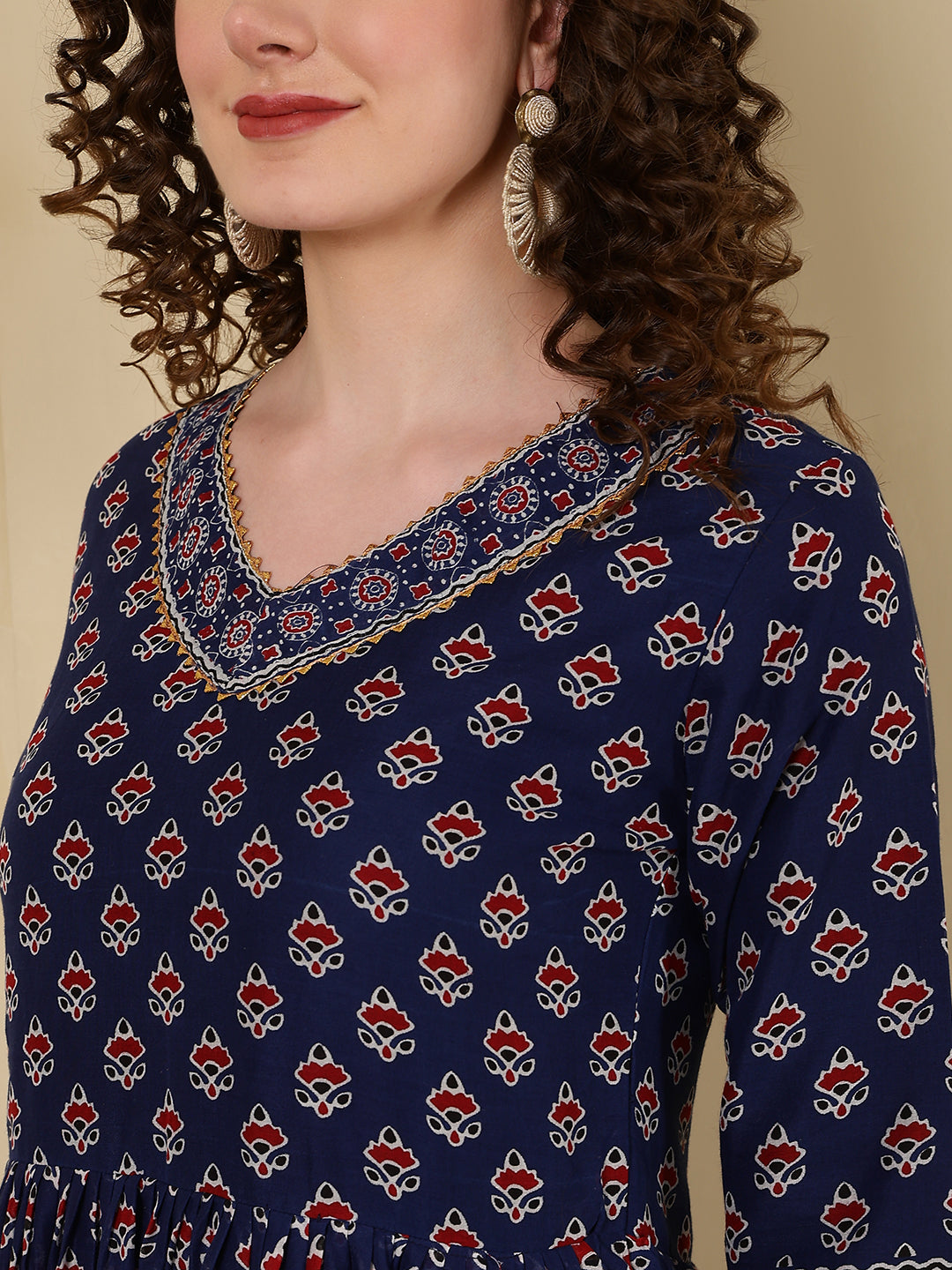 Rayon Printed Ankle Length 3/4 Sleeve V-Neck Nayra Cut Flared Kurta