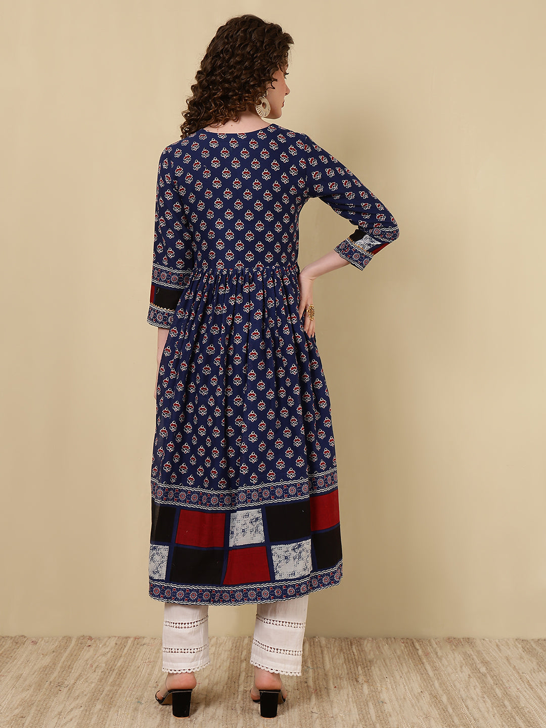 Rayon Printed Ankle Length 3/4 Sleeve V-Neck Nayra Cut Flared Kurta