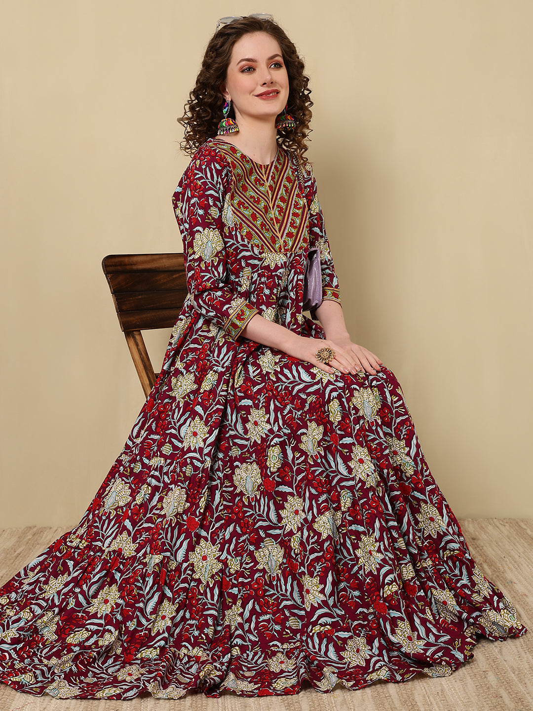 Rayon Printed Ankle Length 3/4 Sleeve Round Neck Tiered Kurta