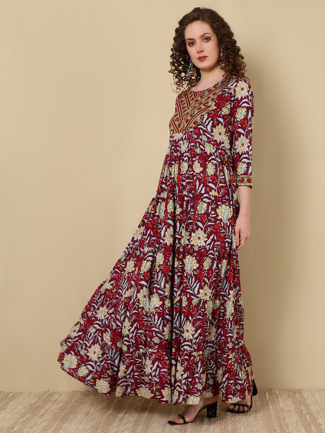 Rayon Printed Ankle Length 3/4 Sleeve Round Neck Tiered Kurta