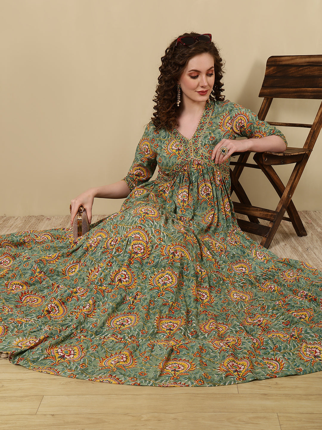 Rayon Printed Ankle Length 3/4 Sleeve V-Neck Alia Cut Tiered Kurta