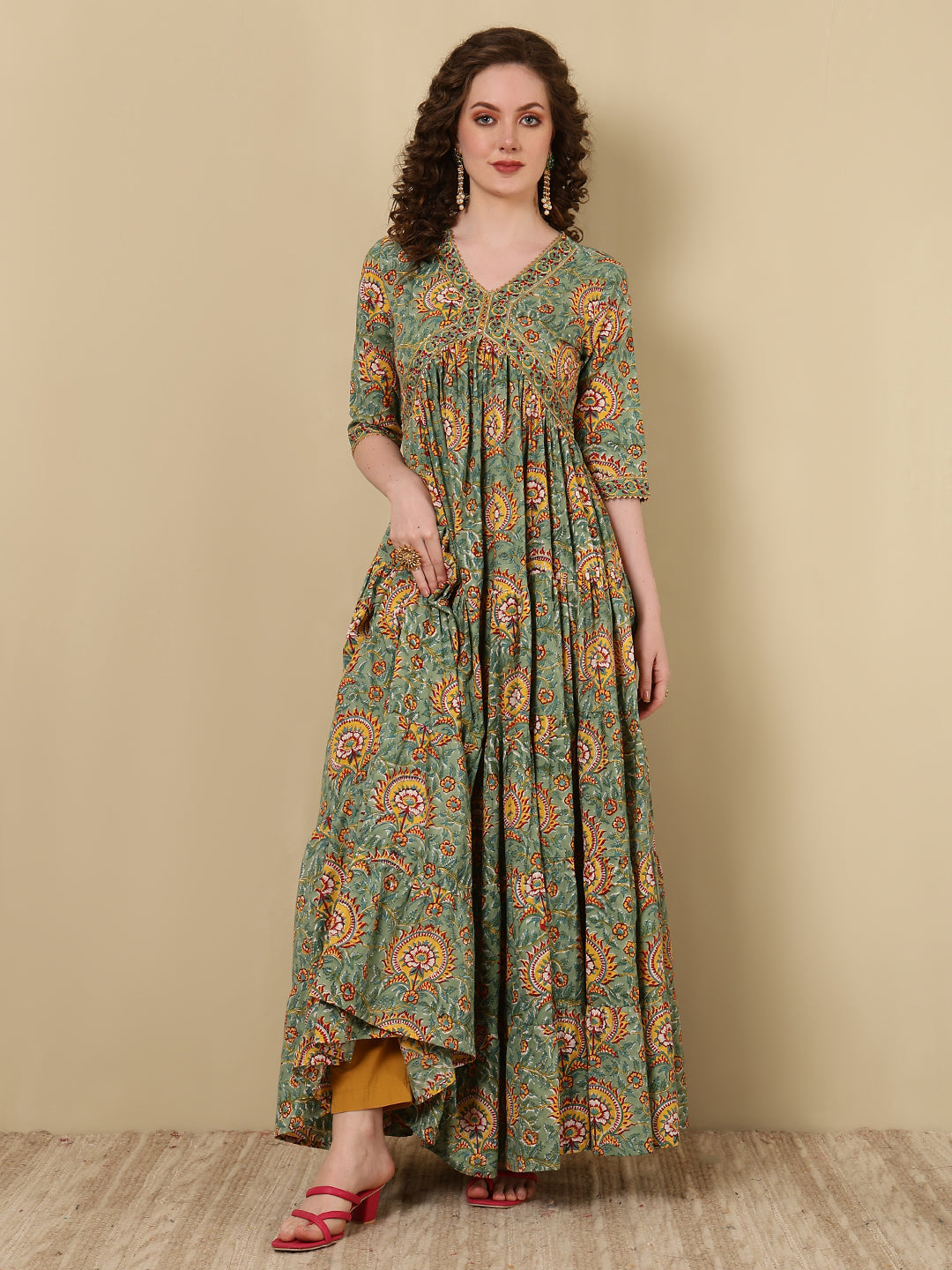 Rayon Printed Ankle Length 3/4 Sleeve V-Neck Alia Cut Tiered Kurta