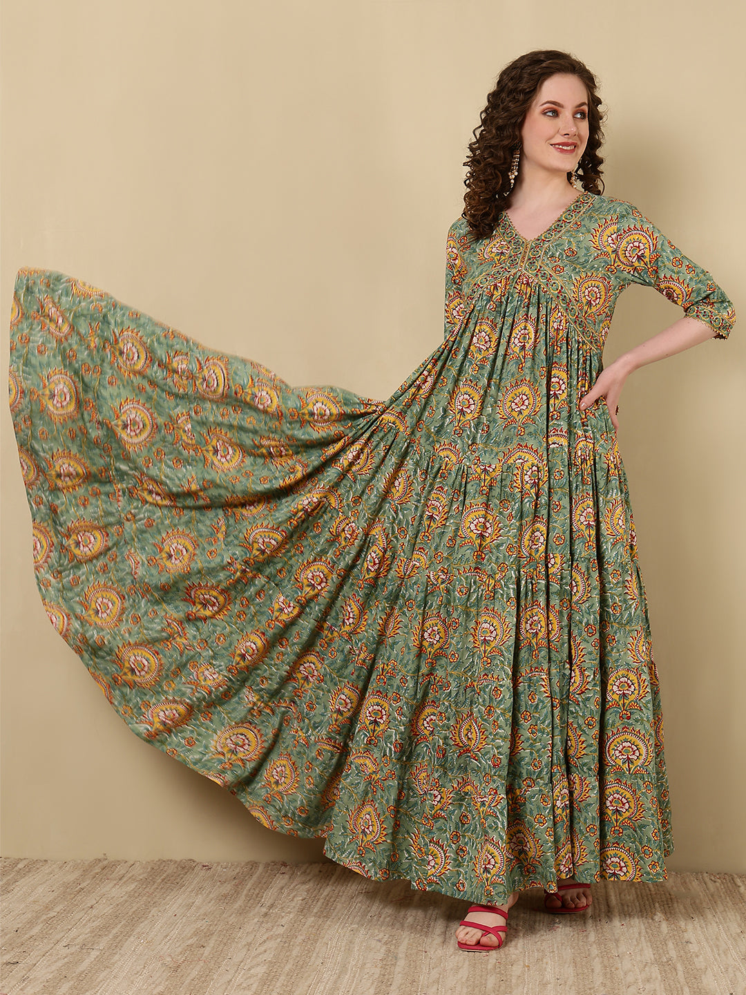 Rayon Printed Ankle Length 3/4 Sleeve V-Neck Alia Cut Tiered Kurta