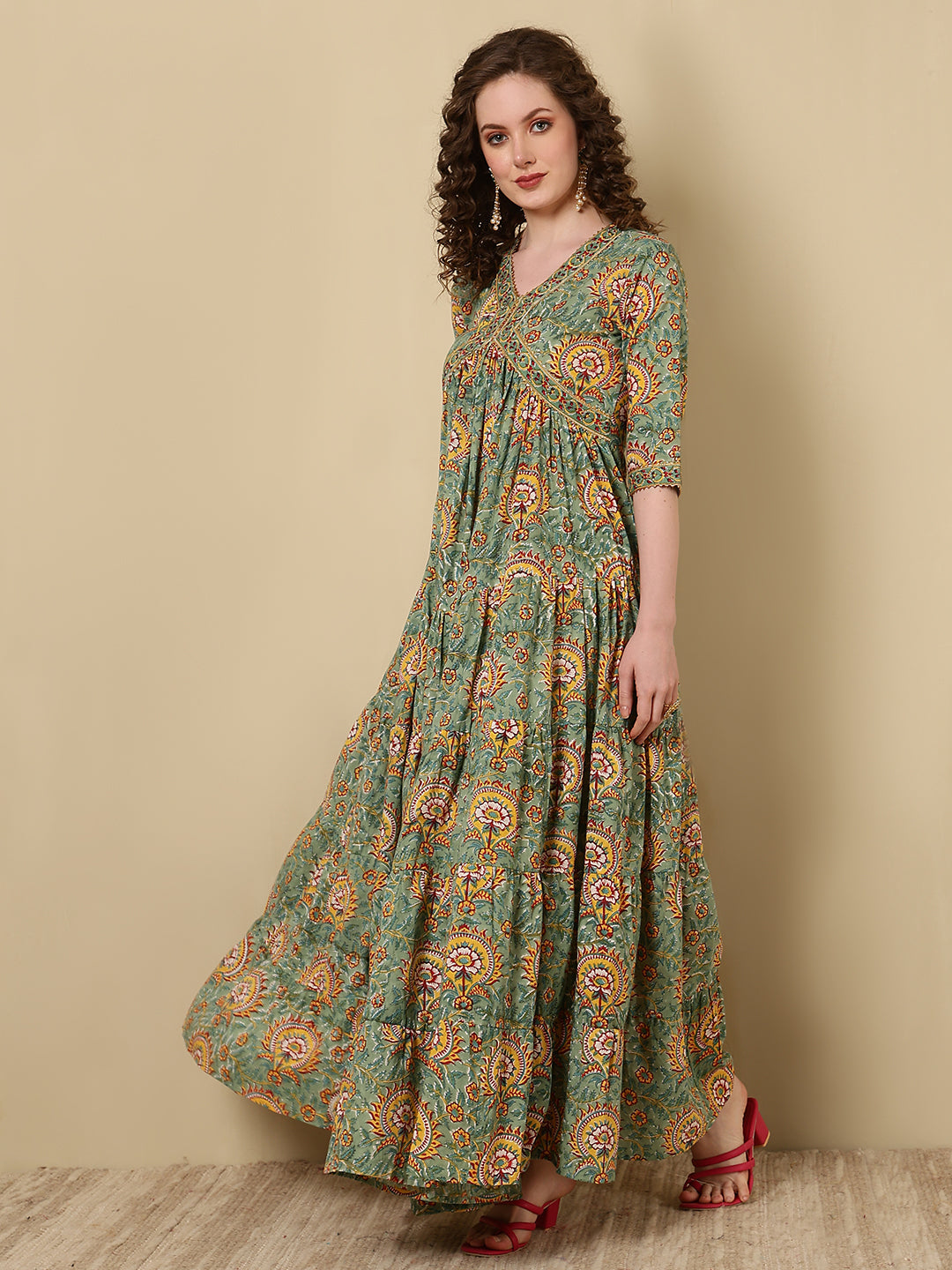 Rayon Printed Ankle Length 3/4 Sleeve V-Neck Alia Cut Tiered Kurta