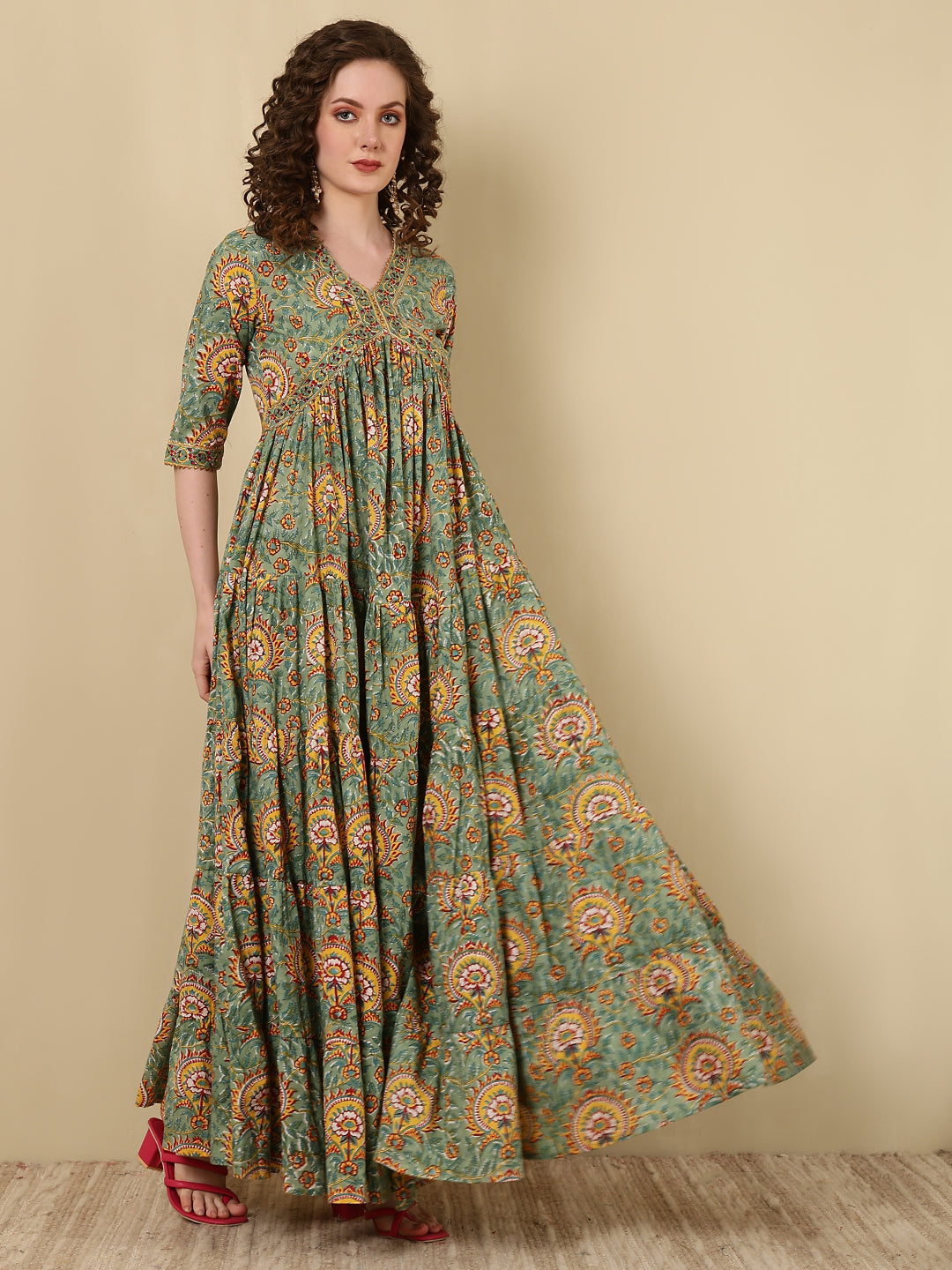 Rayon Printed Ankle Length 3/4 Sleeve V-Neck Alia Cut Tiered Kurta