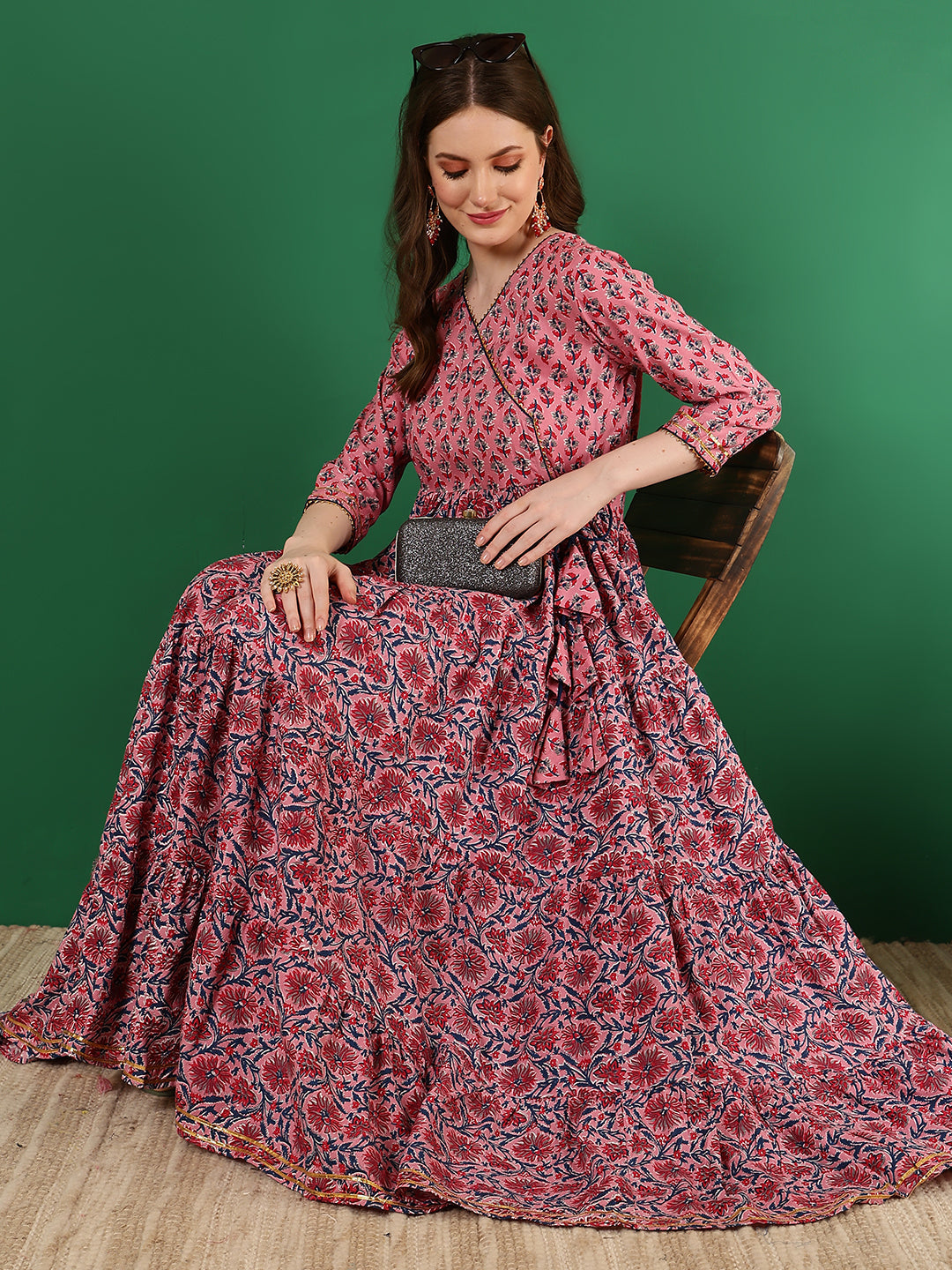 Rayon Printed Ankle Length 3/4 Sleeve V-Neck Angrakha Tiered Kurta