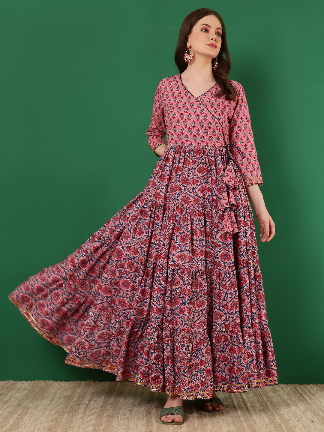 Rayon Printed Ankle Length 3/4 Sleeve V-Neck Angrakha Tiered Kurta