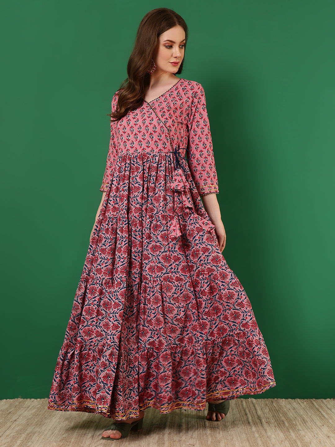 Rayon Printed Ankle Length 3/4 Sleeve V-Neck Angrakha Tiered Kurta