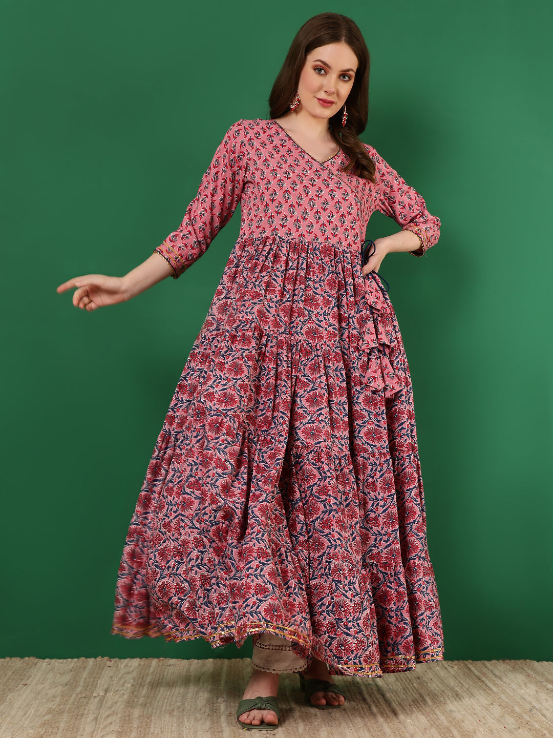 Rayon Printed Ankle Length 3/4 Sleeve V-Neck Angrakha Tiered Kurta