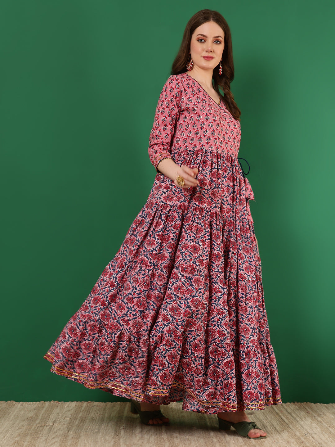Rayon Printed Ankle Length 3/4 Sleeve V-Neck Angrakha Tiered Kurta