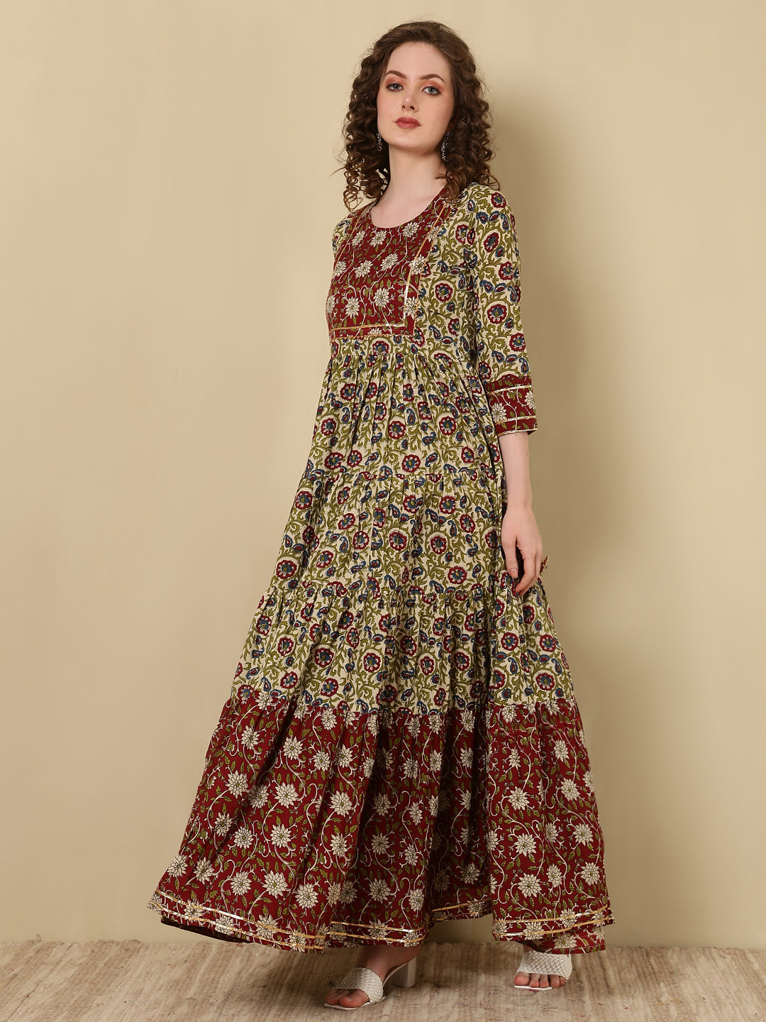 Rayon Printed Ankle Length 3/4 Sleeve Round Neck Tiered Kurta