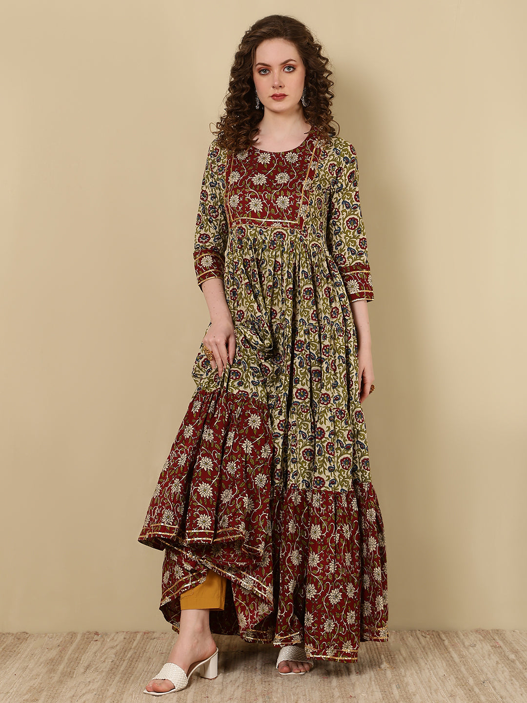 Rayon Printed Ankle Length 3/4 Sleeve Round Neck Tiered Kurta