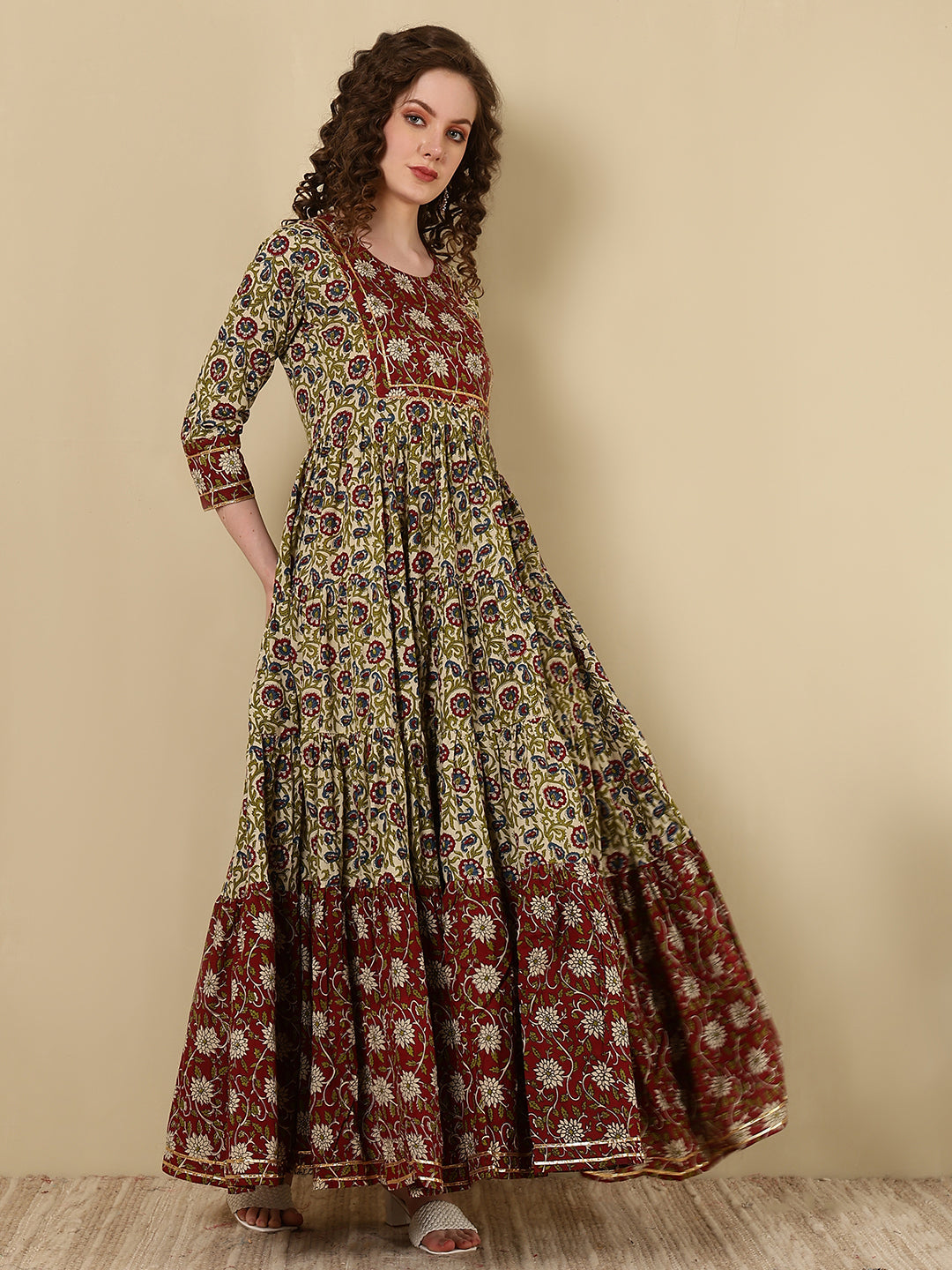Rayon Printed Ankle Length 3/4 Sleeve Round Neck Tiered Kurta