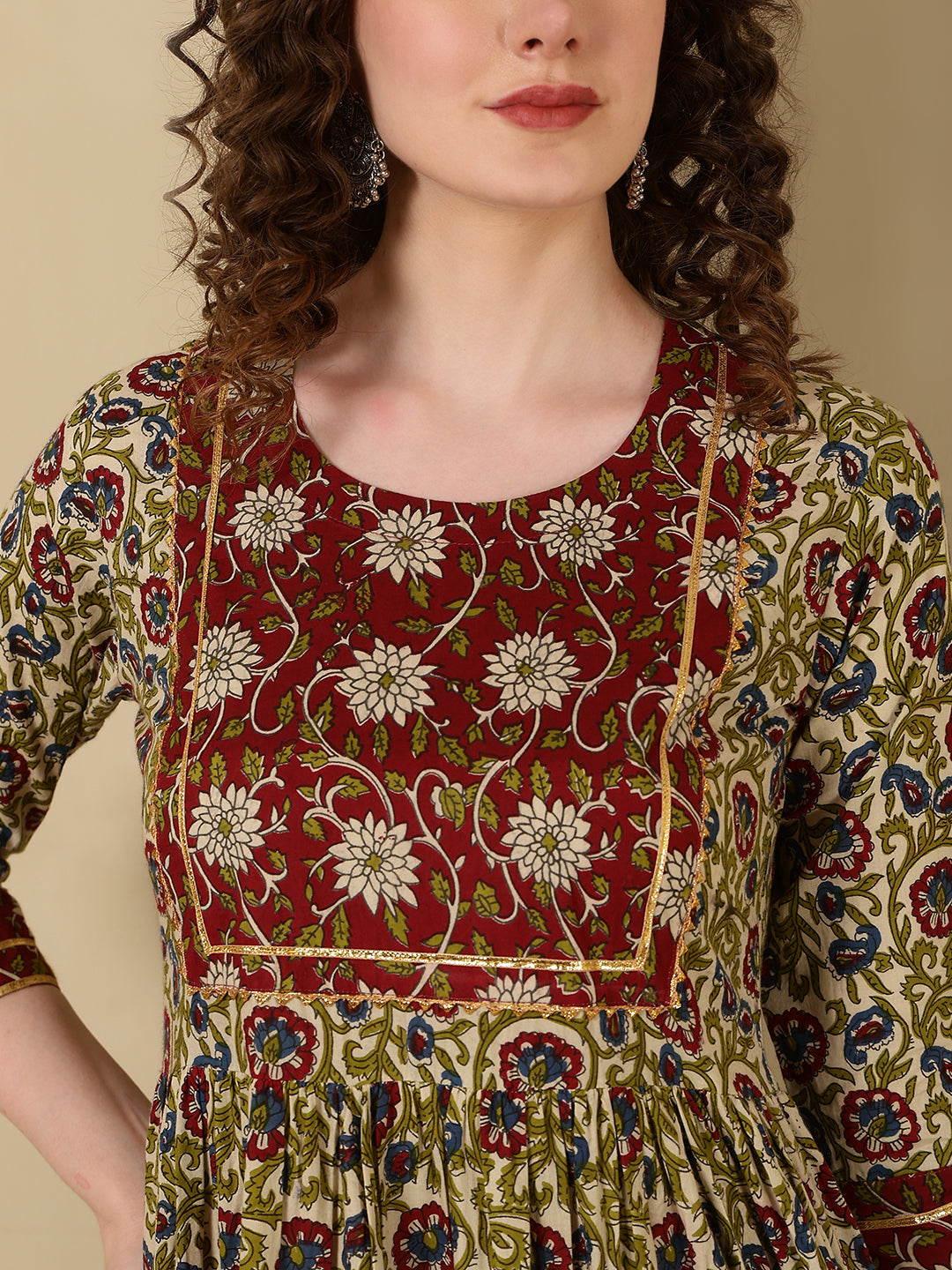 Rayon Printed Ankle Length 3/4 Sleeve Round Neck Tiered Kurta