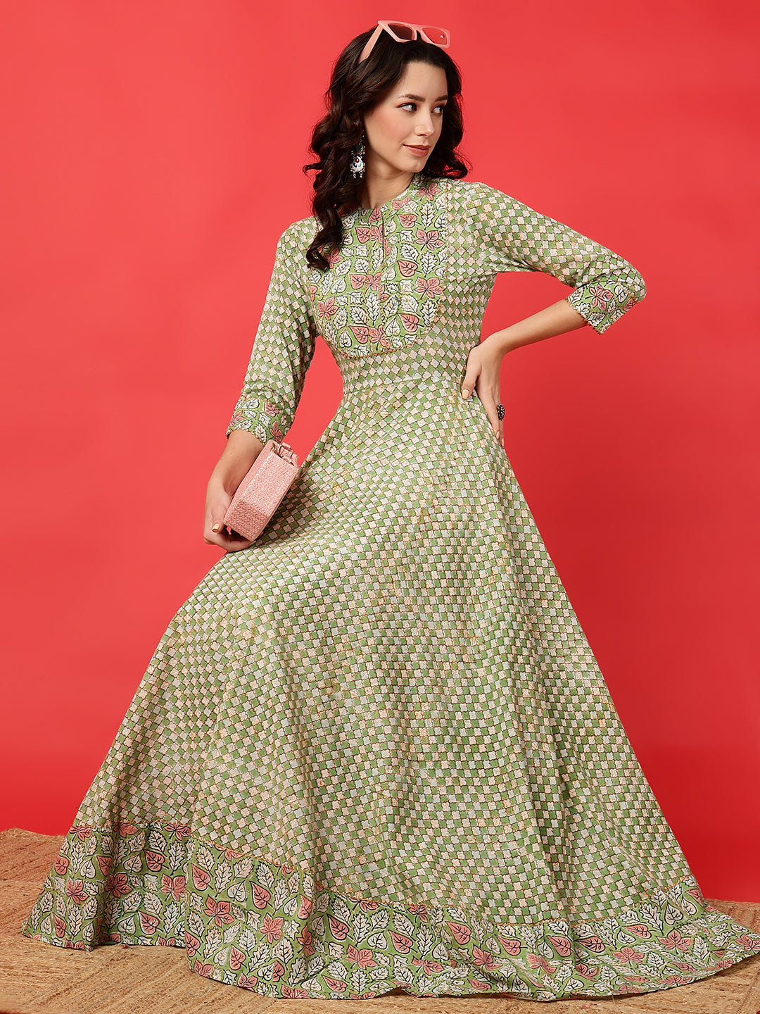 Cotton Printed Ankle Length 3/4 Sleeve Mandarin Neck Anarkali Kurta
