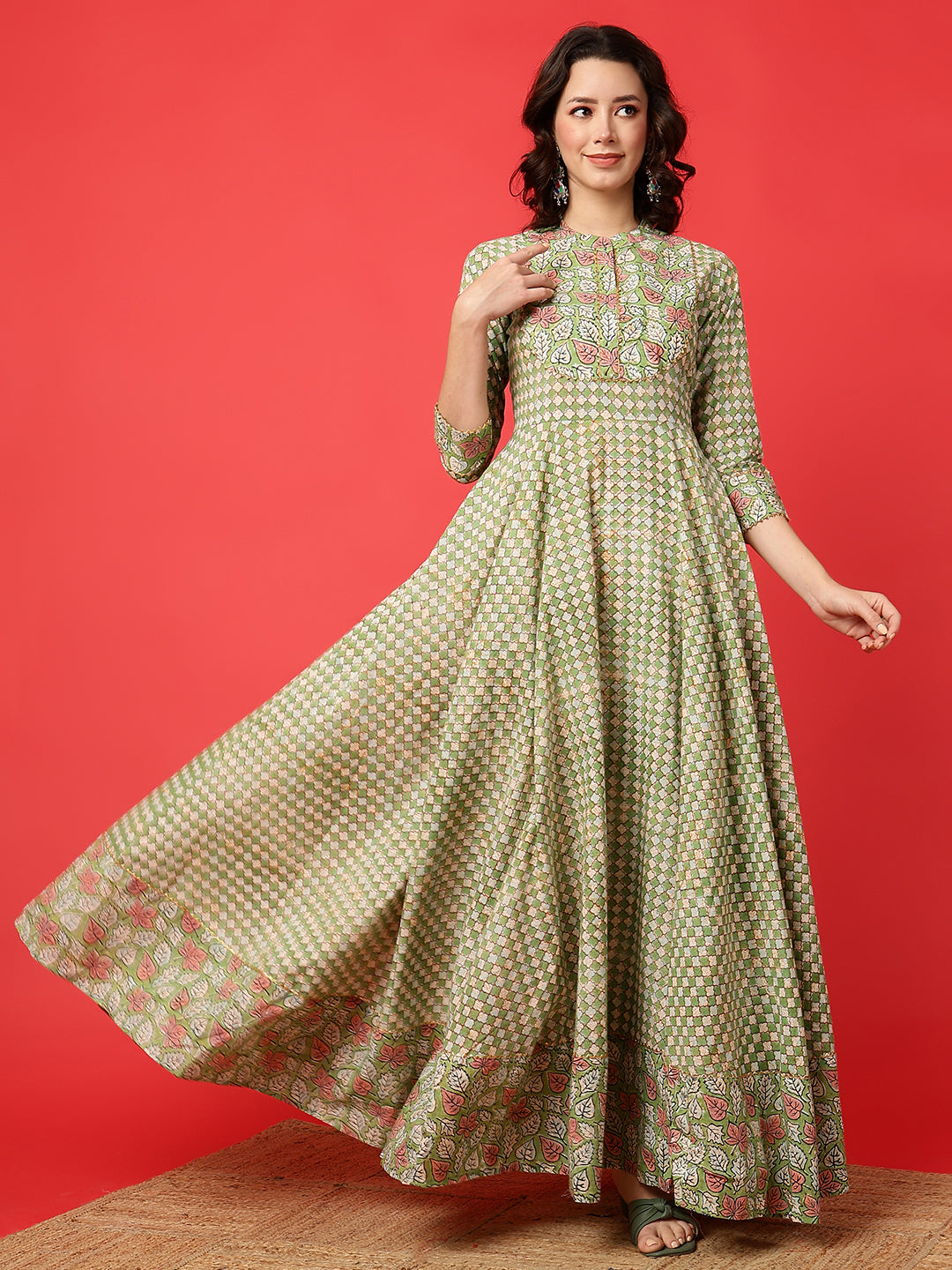 Cotton Printed Ankle Length 3/4 Sleeve Mandarin Neck Anarkali Kurta