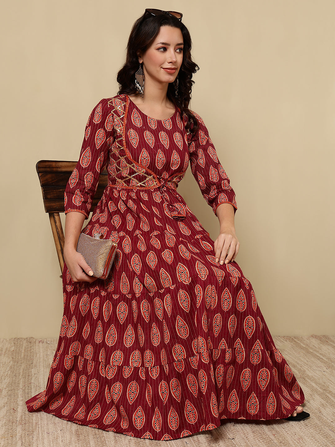 Cotton Printed Ankle Length 3/4 Sleeve Round Neck Tiered Kurta