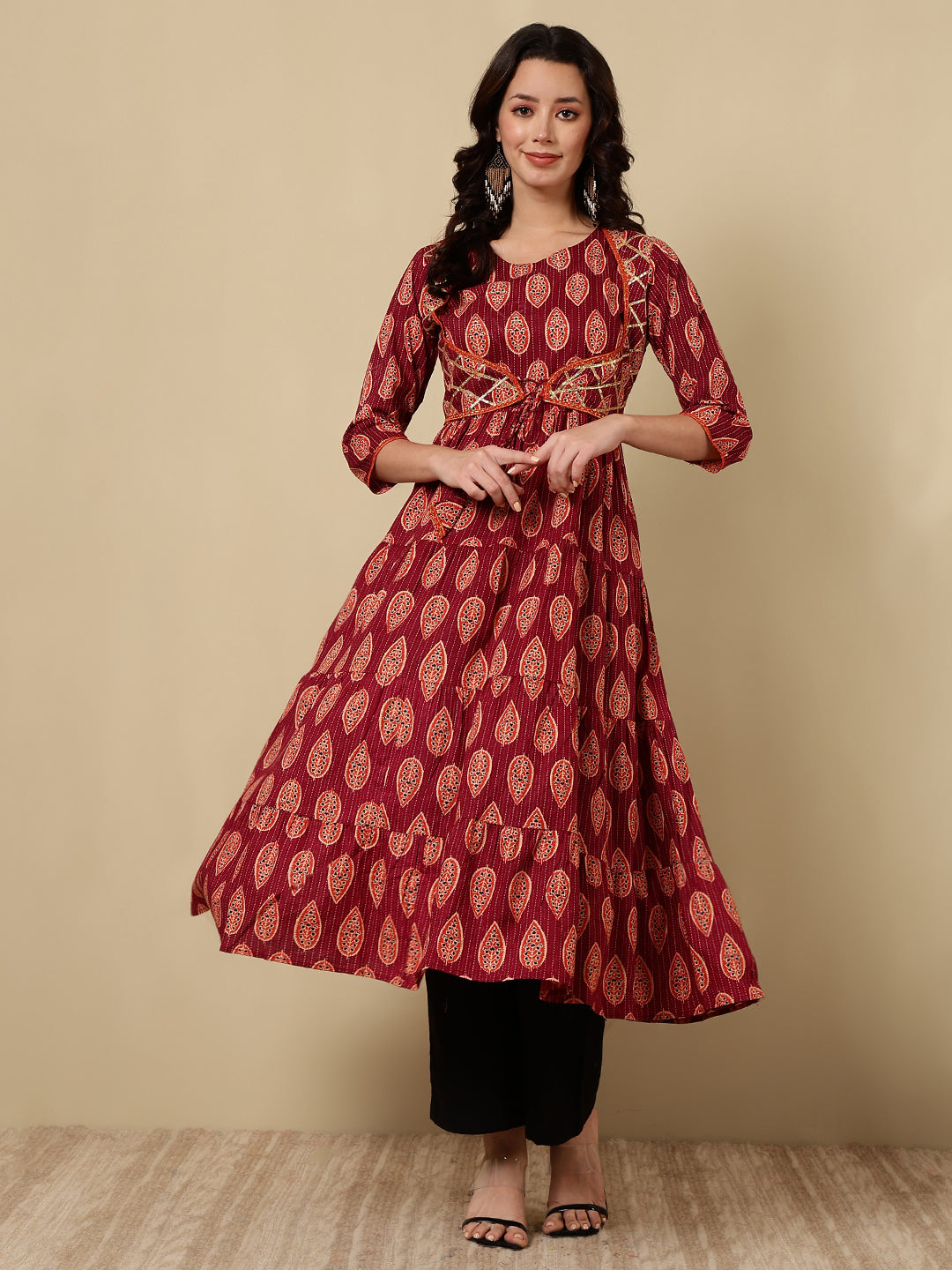 Cotton Printed Ankle Length 3/4 Sleeve Round Neck Tiered Kurta