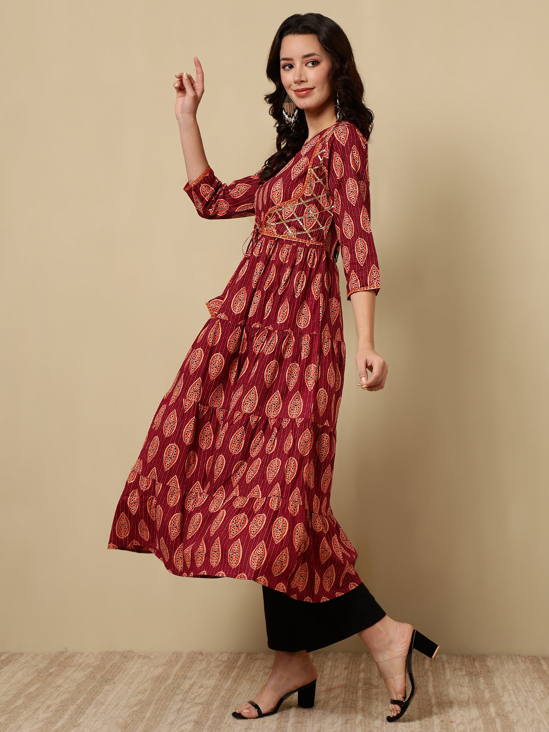 Cotton Printed Ankle Length 3/4 Sleeve Round Neck Tiered Kurta