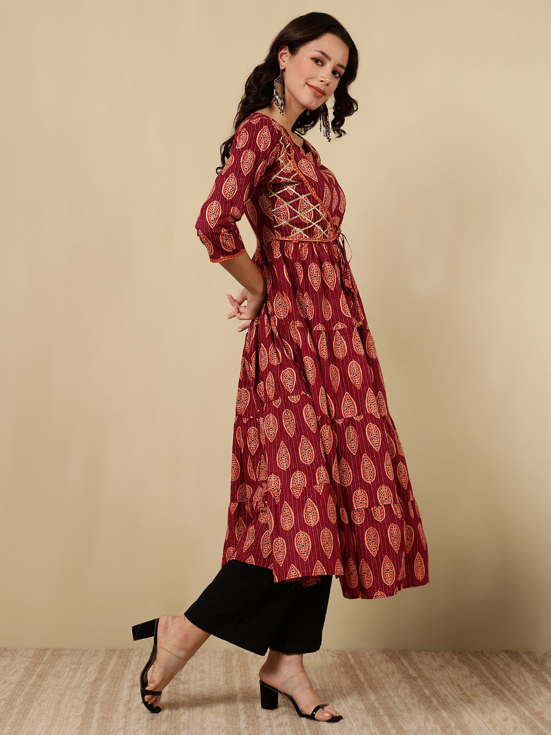 Cotton Printed Ankle Length 3/4 Sleeve Round Neck Tiered Kurta