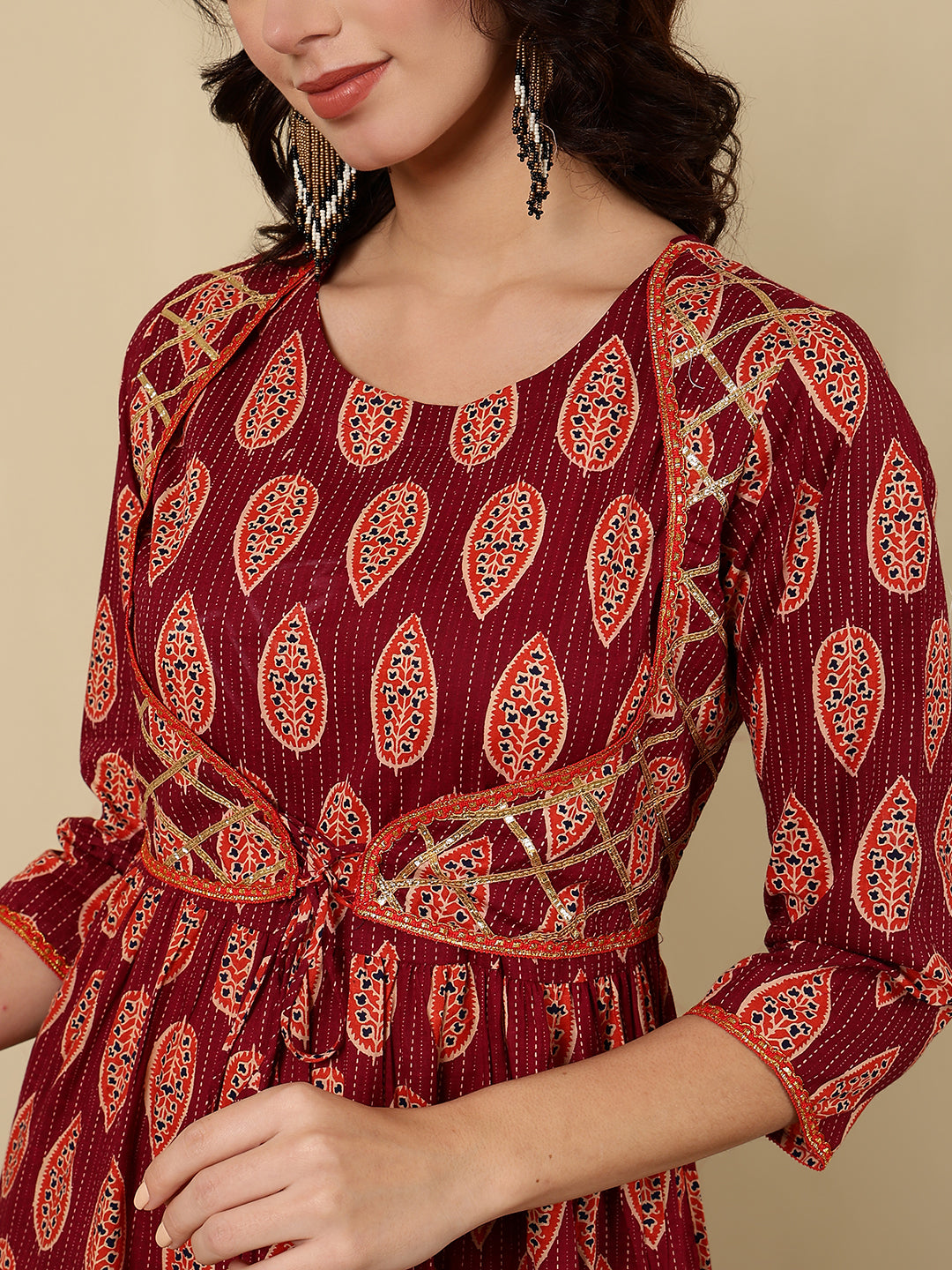 Cotton Printed Ankle Length 3/4 Sleeve Round Neck Tiered Kurta