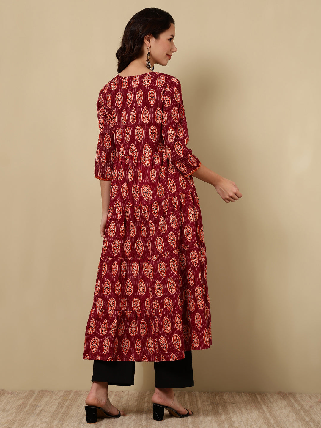 Cotton Printed Ankle Length 3/4 Sleeve Round Neck Tiered Kurta