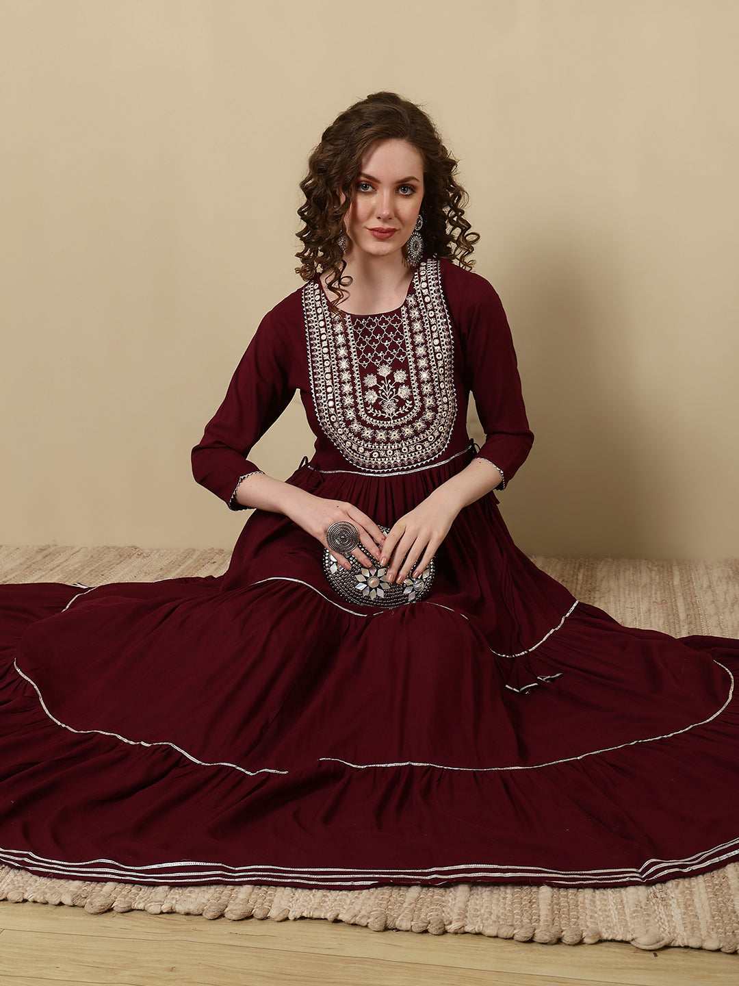 Rayon Printed Embroidered Ankle Length 3/4 Sleeve Round Neck Tiered Kurta