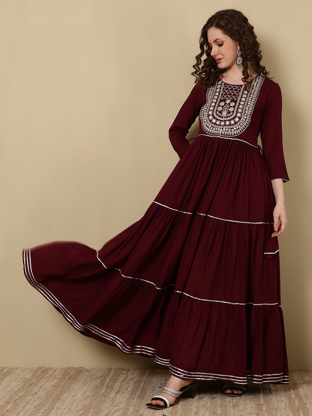 Rayon Printed Embroidered Ankle Length 3/4 Sleeve Round Neck Tiered Kurta